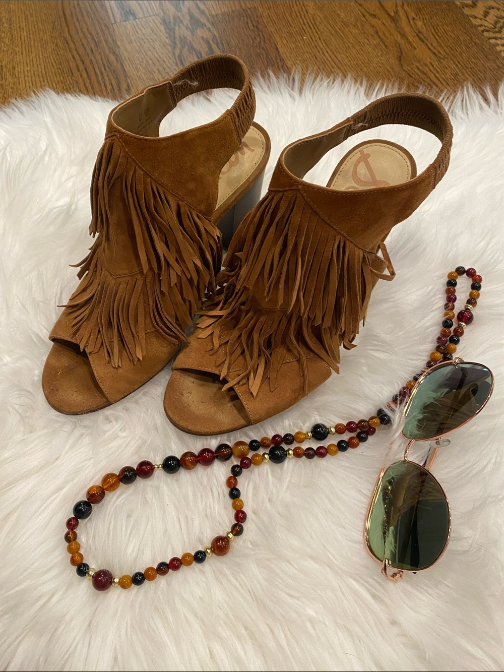 Sam Edelman Brown Suede Fringe Open-Toe Slingback Mules
